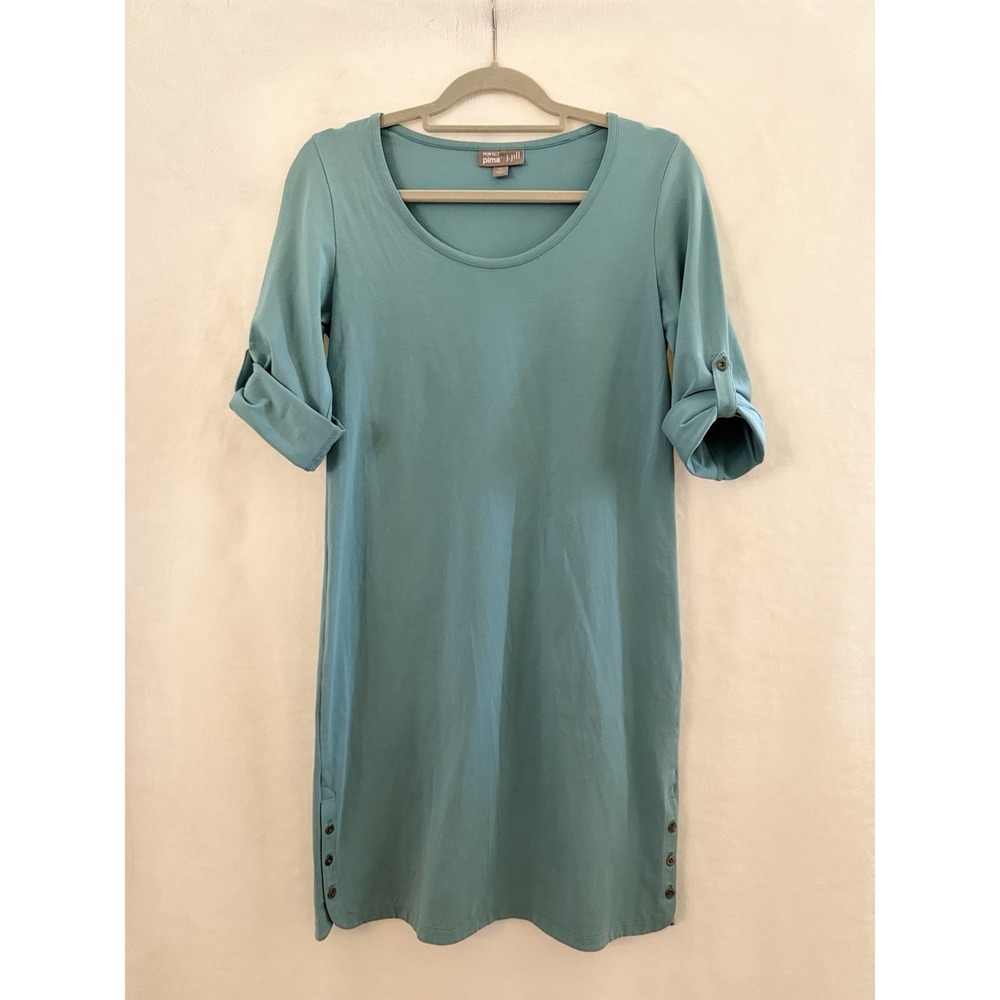 J Jill Dress XS Aqua Perfect Pima Midi 3/4 Roll-Tab Sleeve Minimalist Coastal - Picture 7 of 10